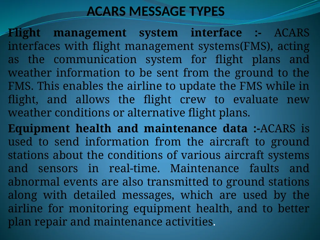 AIRCRAFT COMMUNICATIONS ADDRESSING AND REPORTING - slide 8 of 9