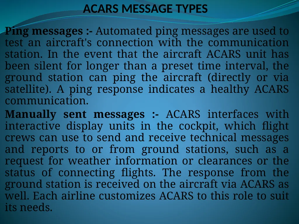 AIRCRAFT COMMUNICATIONS ADDRESSING AND REPORTING - slide 9 of 9