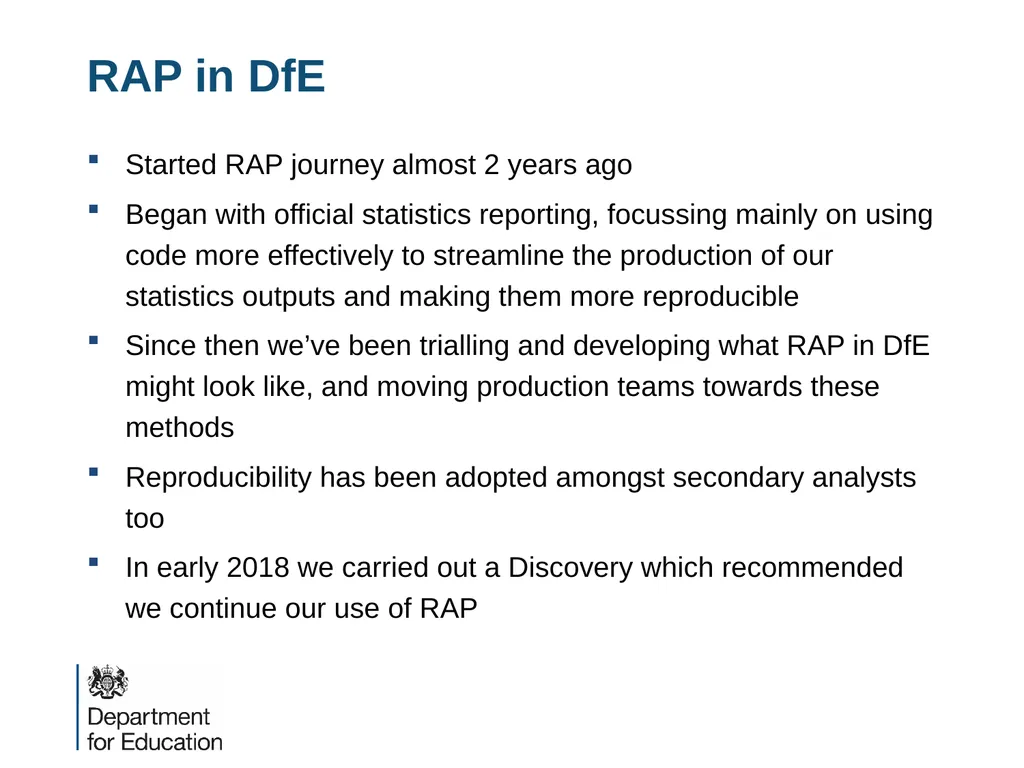 RAP in DfE - discovery and how we scale Laura - slide 2 of 7