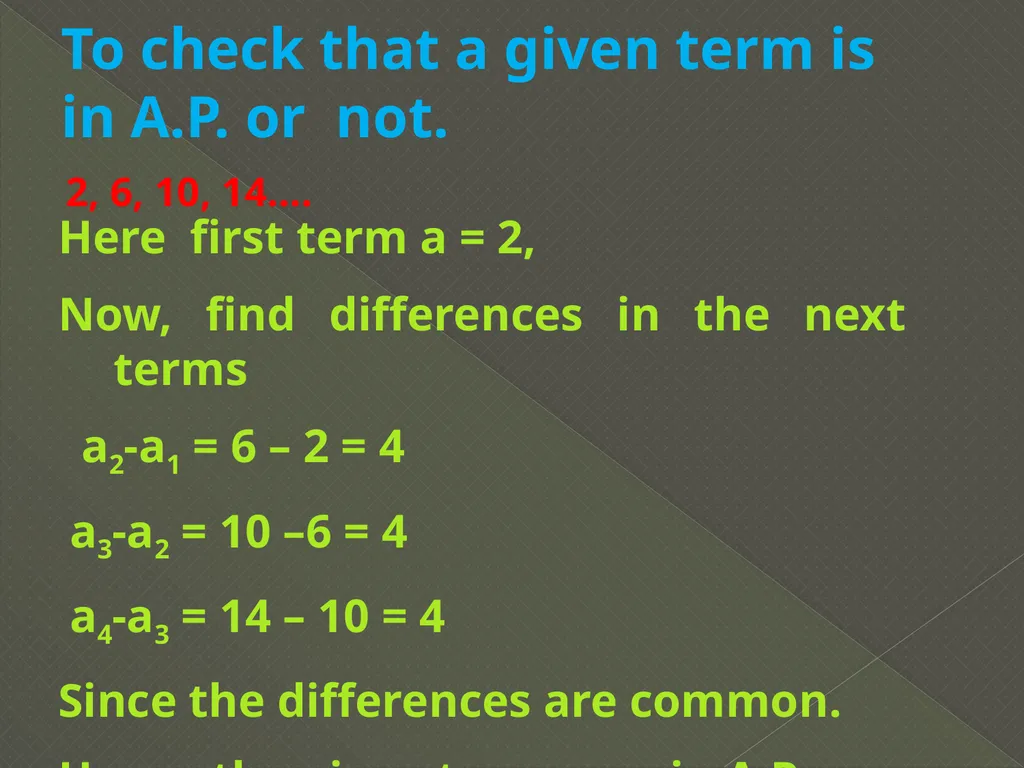 ARITHMETIC PROGRESSION If various terms of a - slide 5 of 14