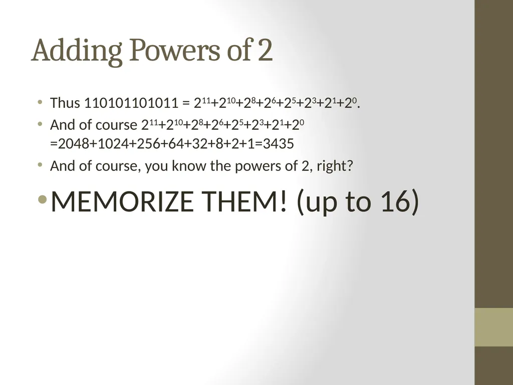 Binary Arithmetic Numbers Inside the Computer - slide 20 of 48