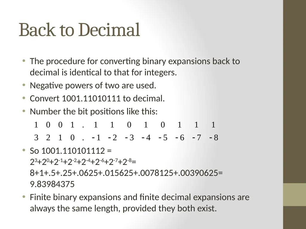 Binary Arithmetic Numbers Inside the Computer - slide 39 of 48