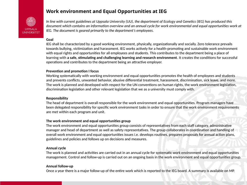 Work environment and Equal Opportunities at IEG In - slide 1 of 4