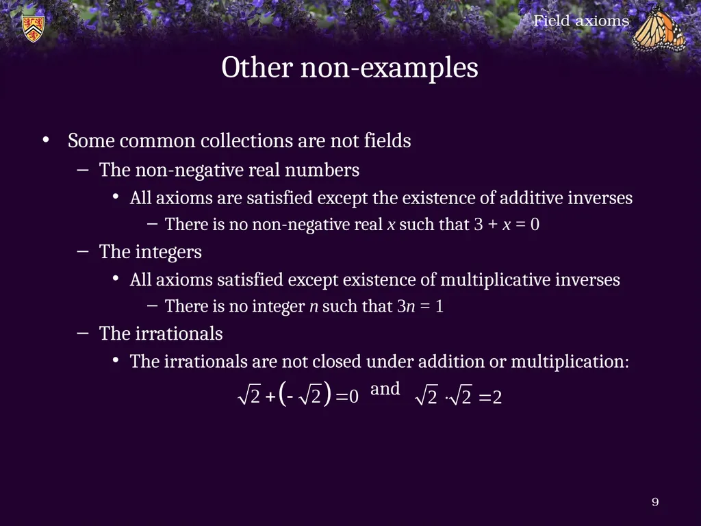 1.6.1 Field axioms Introduction In this topic, we - slide 9 of 31