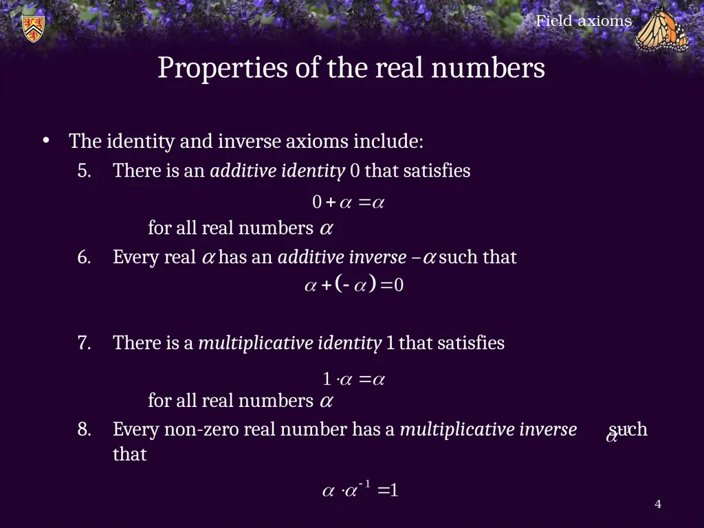 1.6.1 Field axioms Introduction In this topic, we - slide 4 of 31