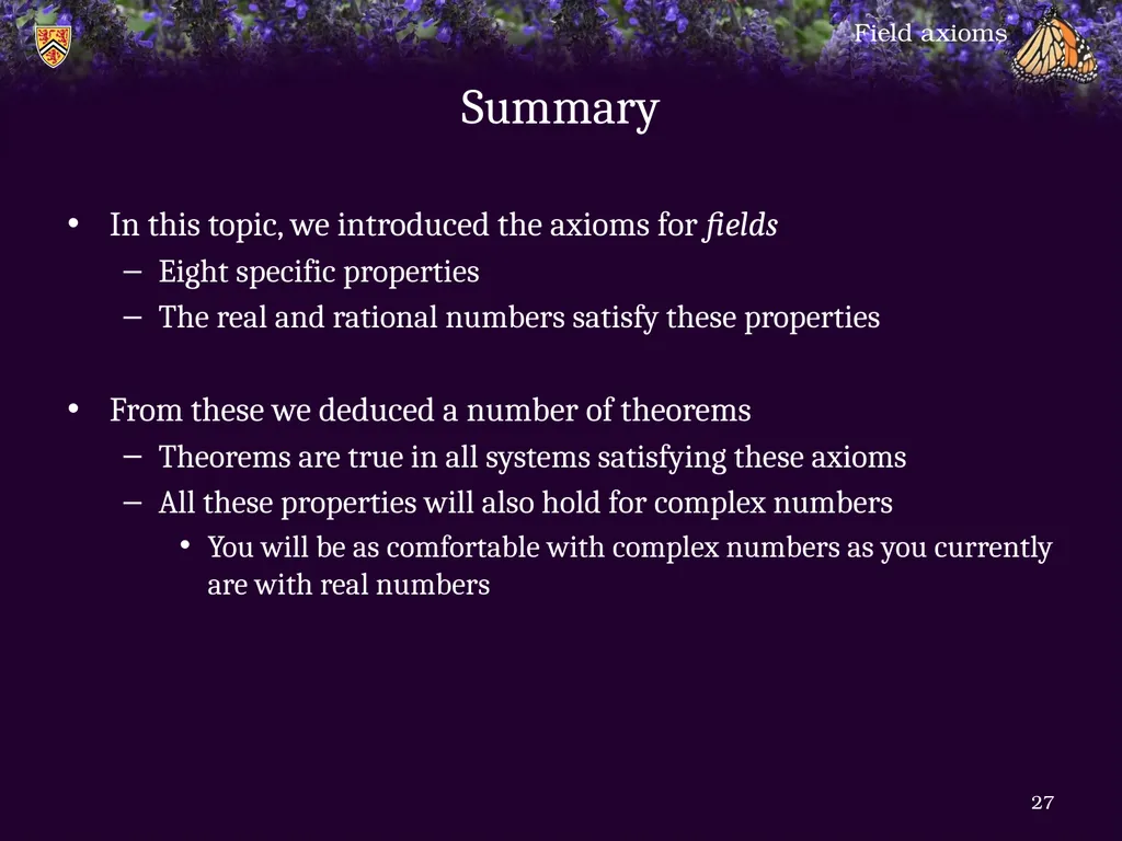 1.6.1 Field axioms Introduction In this topic, we - slide 27 of 31