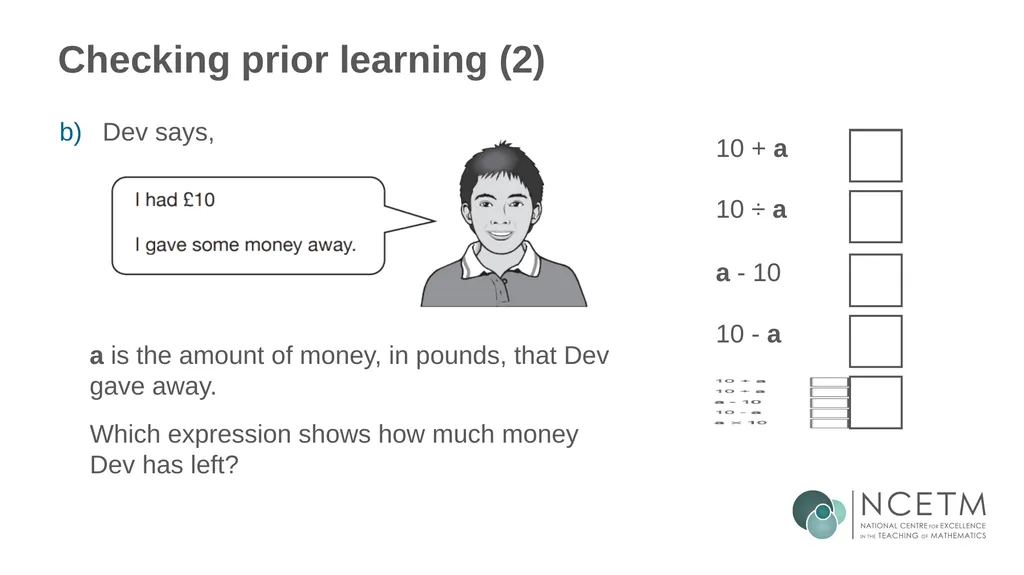 Using a letter to represent unknowns (From 1.4 - slide 11 of 32
