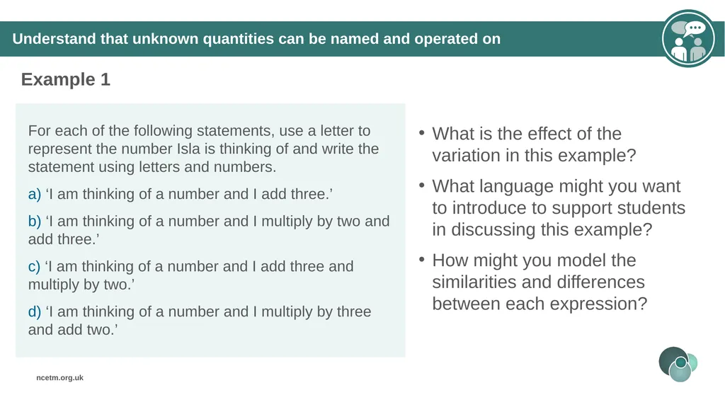 Using a letter to represent unknowns (From 1.4 - slide 15 of 32
