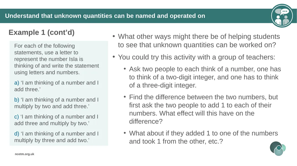 Using a letter to represent unknowns (From 1.4 - slide 16 of 32