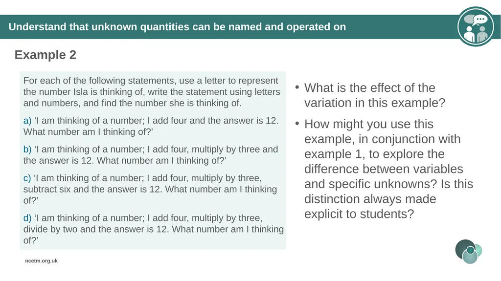 Using a letter to represent unknowns (From 1.4 - slide 18 of 32