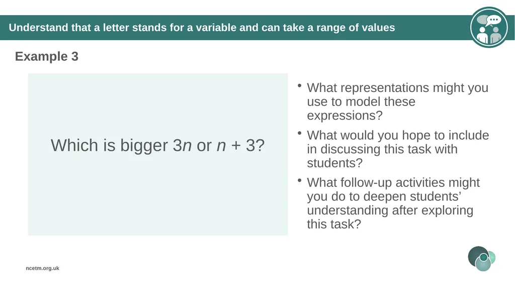 Using a letter to represent unknowns (From 1.4 - slide 20 of 32