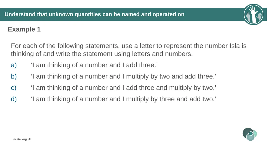 Using a letter to represent unknowns (From 1.4 - slide 14 of 32