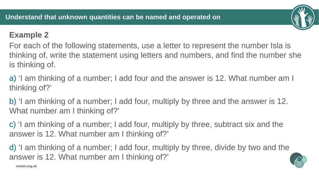 Using a letter to represent unknowns (From 1.4 - slide 17 of 32