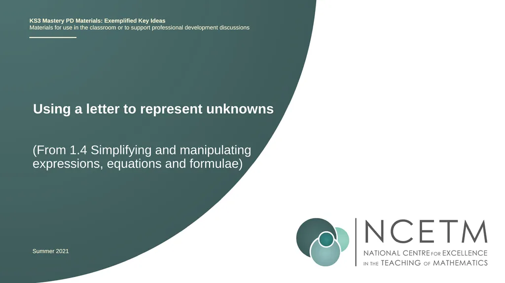 Using a letter to represent unknowns (From 1.4 - slide 1 of 32