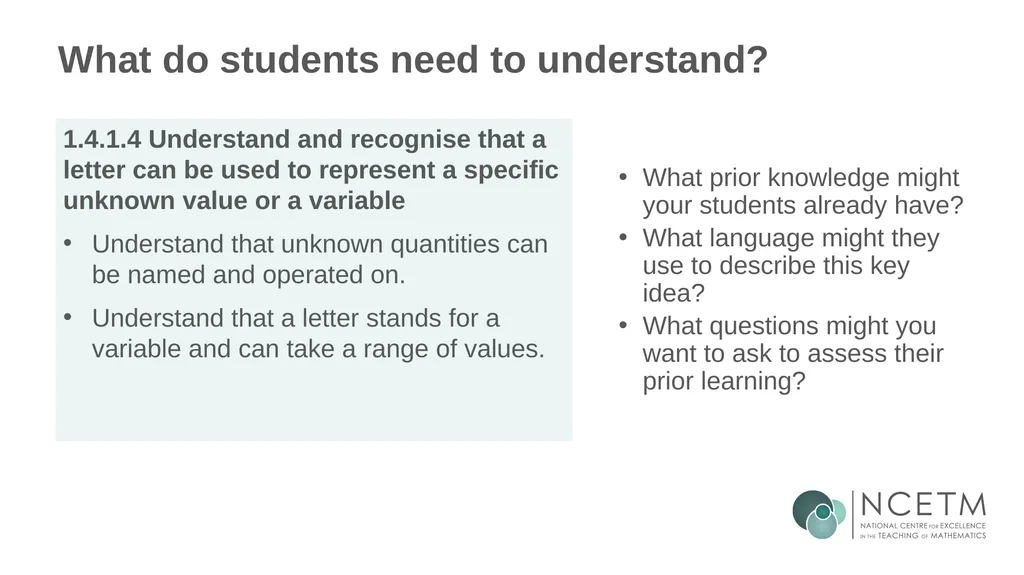 Using a letter to represent unknowns (From 1.4 - slide 6 of 32