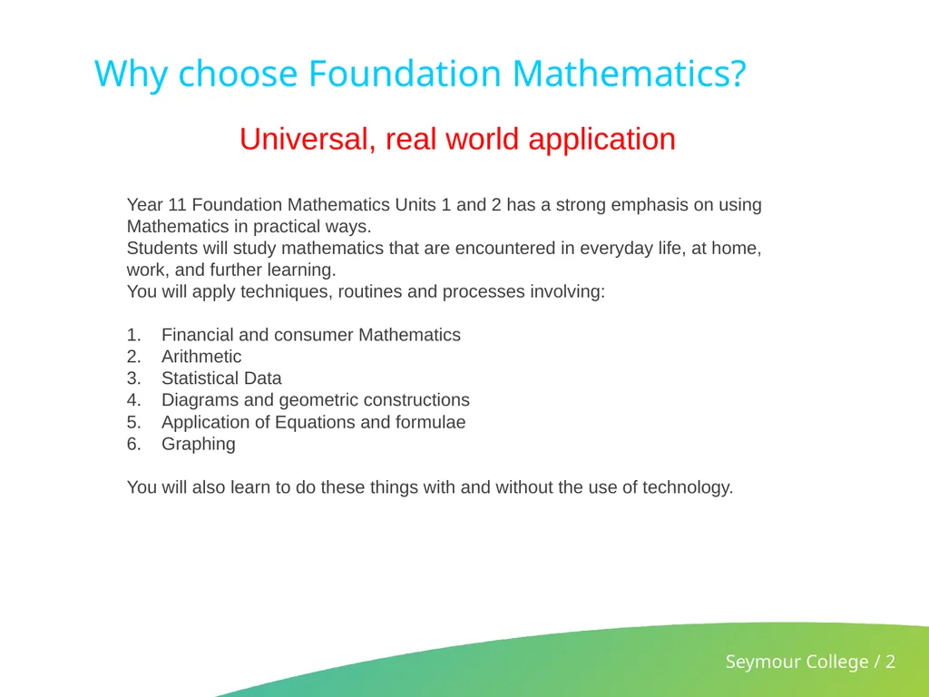 VCE Foundation Maths Why choose Foundation - slide 2 of 5