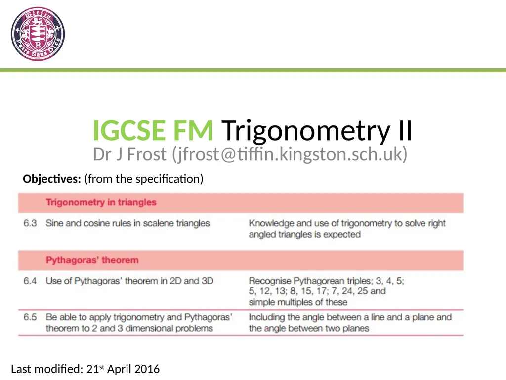 IGCSE FM Trigonometry II Dr J Frost - slide 1 of 28