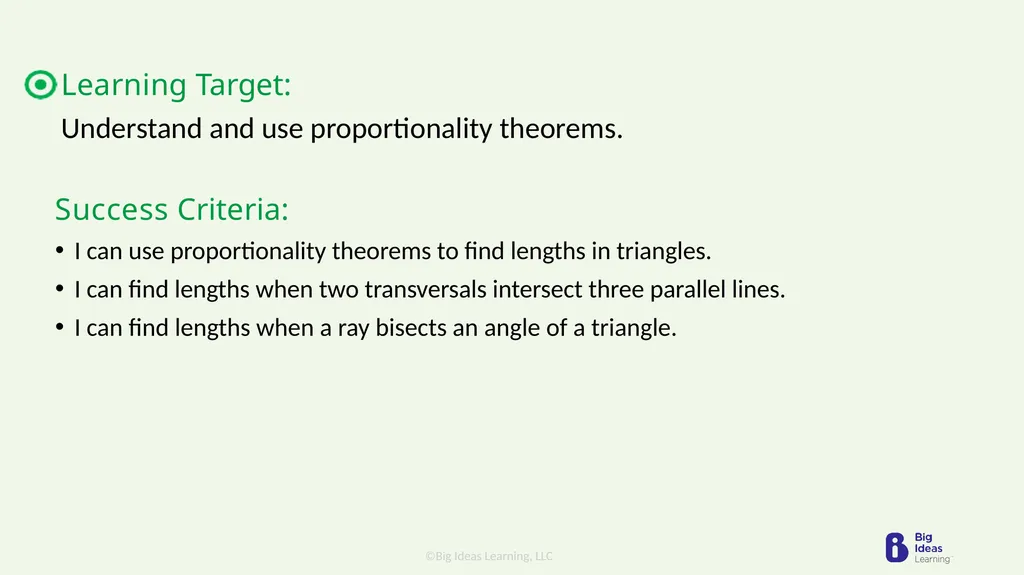 Lesson 8.4 Proportionality Theorems Learning - slide 2 of 13