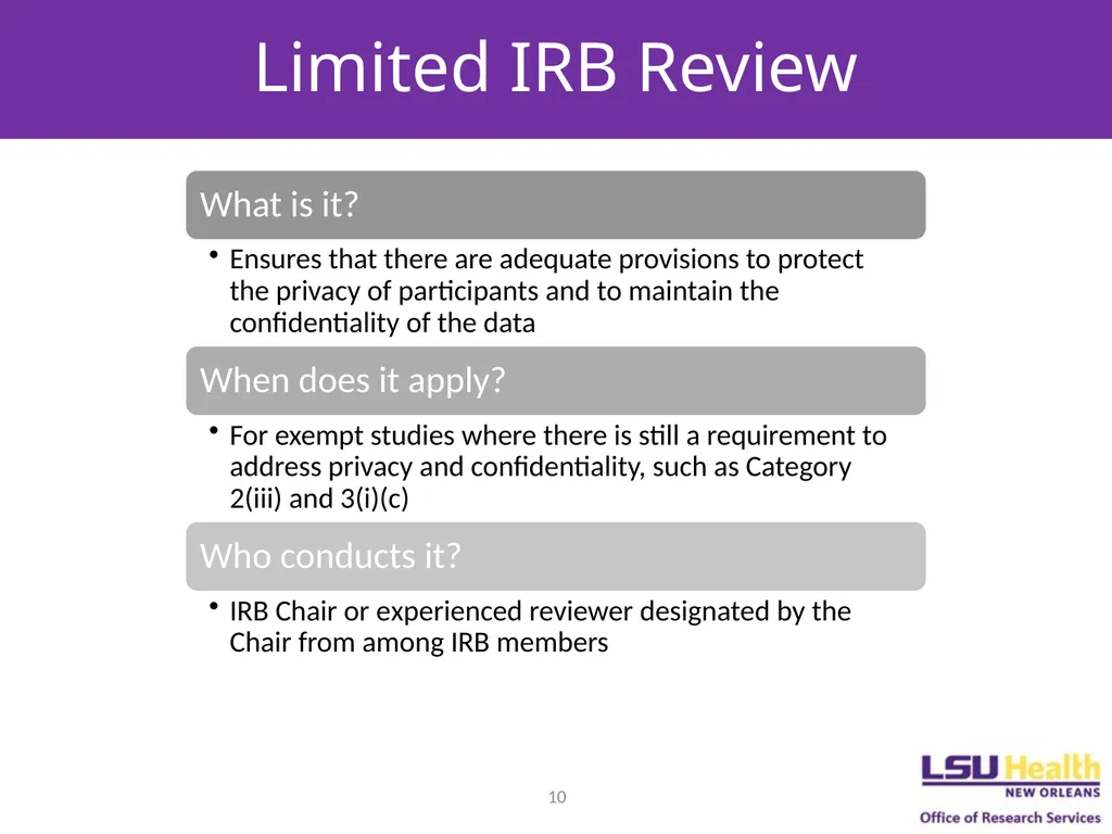 EXEMPT DETERMINATIONS AND LIMITED IRB REVIEW - slide 10 of 12