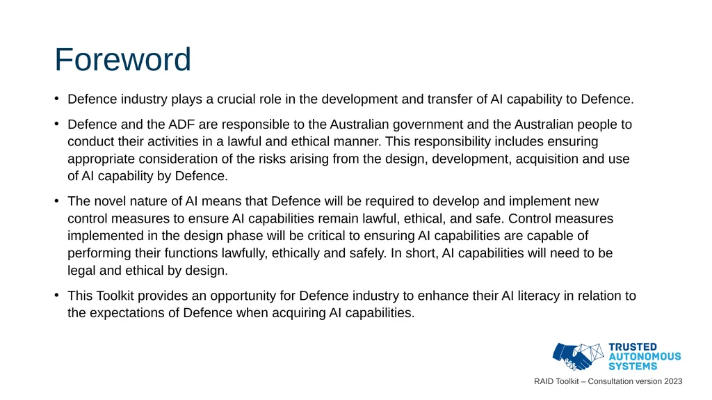Responsible Artificial Intelligence for Defence - slide 3 of 65