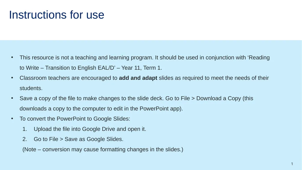 Instructions for use This resource is not a - slide 1 of 34