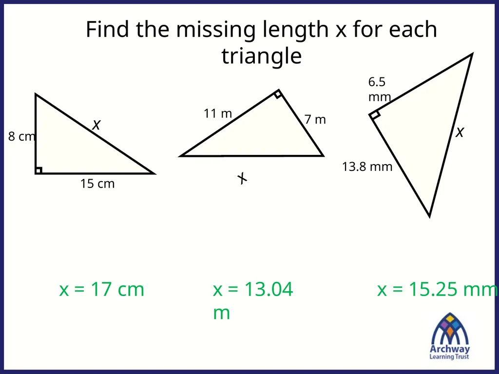 From last lesson: Pythagoras’ Theorem c2 = a2 + b2 - slide 23 of 25