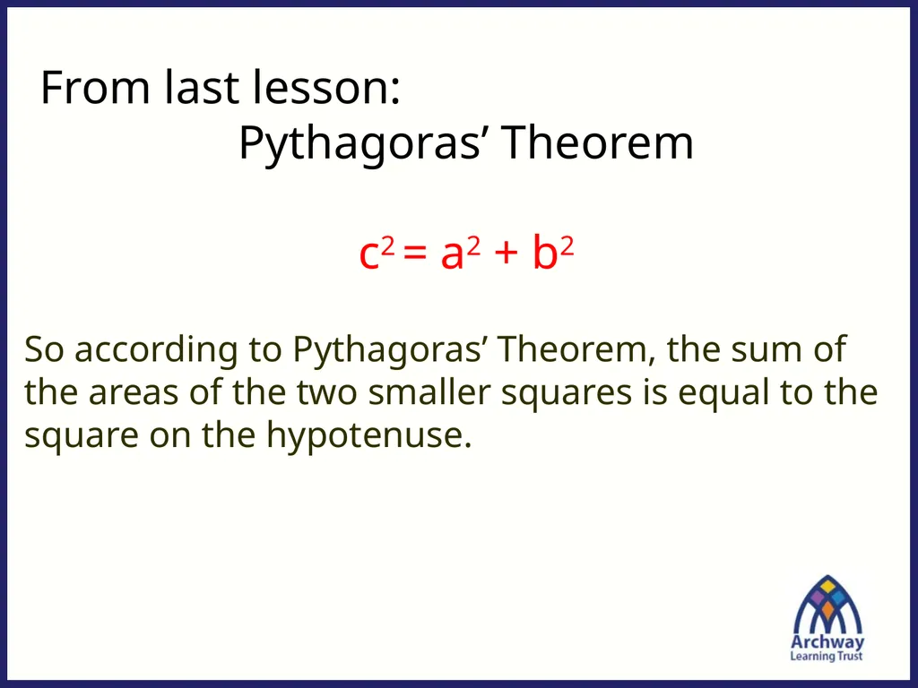 From last lesson: Pythagoras’ Theorem c2 = a2 + b2 - slide 5 of 25