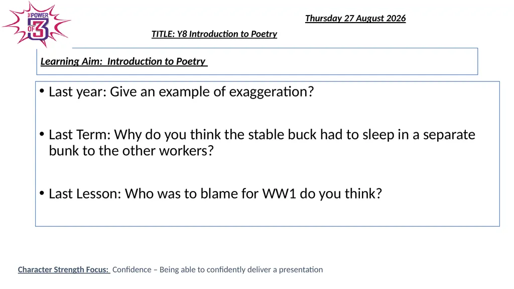 Learning Aim: Introduction to Poetry Last year: - slide 1 of 11