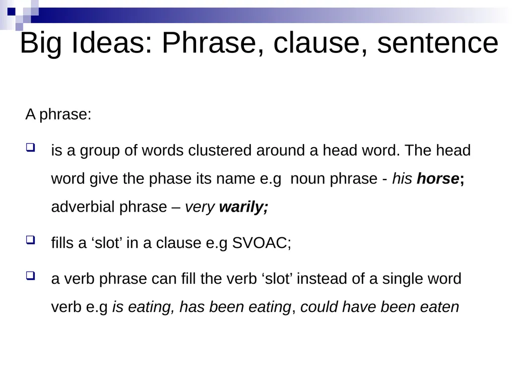 GRAMMAR SUBJECT KNOWLEDGE Phrase – Clause - - slide 12 of 13