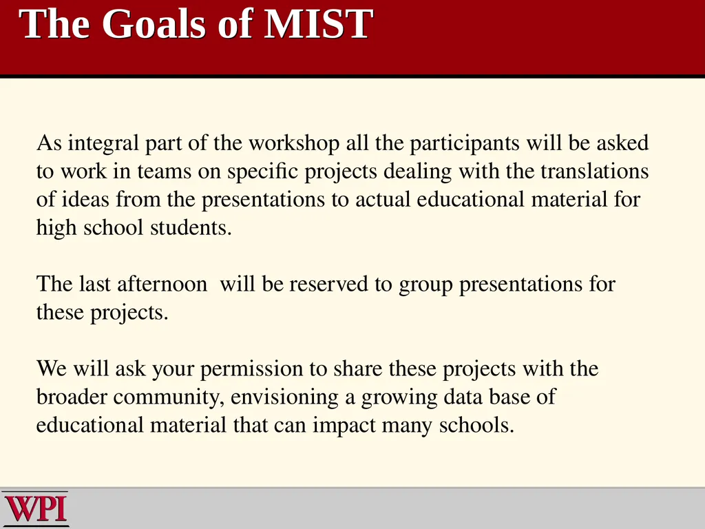 WPI Mathematics Institute for Secondary Teaching - slide 4 of 27