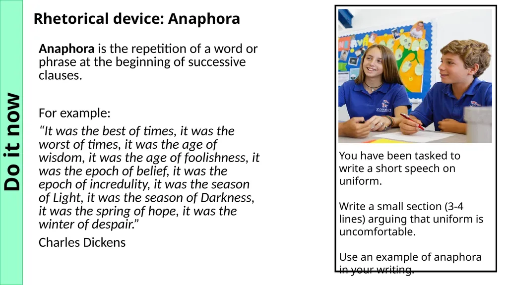 Rhetorical device: Anaphora Anaphora is the - slide 1 of 8