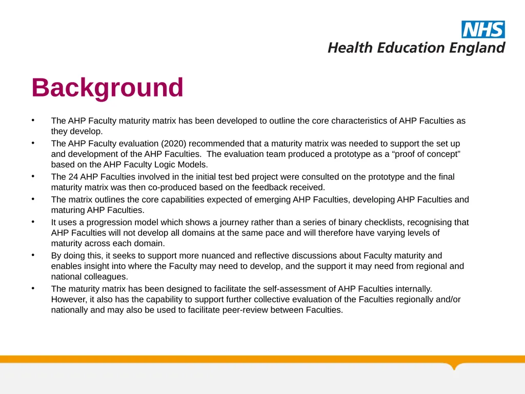 Allied Health Professions Faculty Maturity Matrix - slide 2 of 14
