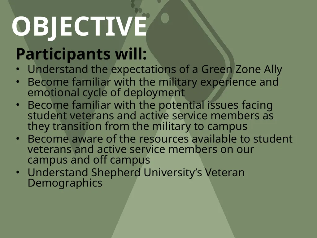 Shepherd University Green Zone Training OBJECTIVE - slide 2 of 34