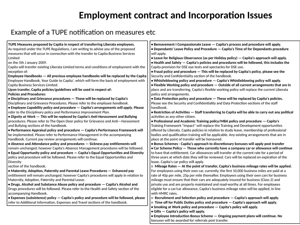 Example of a TUPE Notification on Measures TUPE - slide 2 of 4