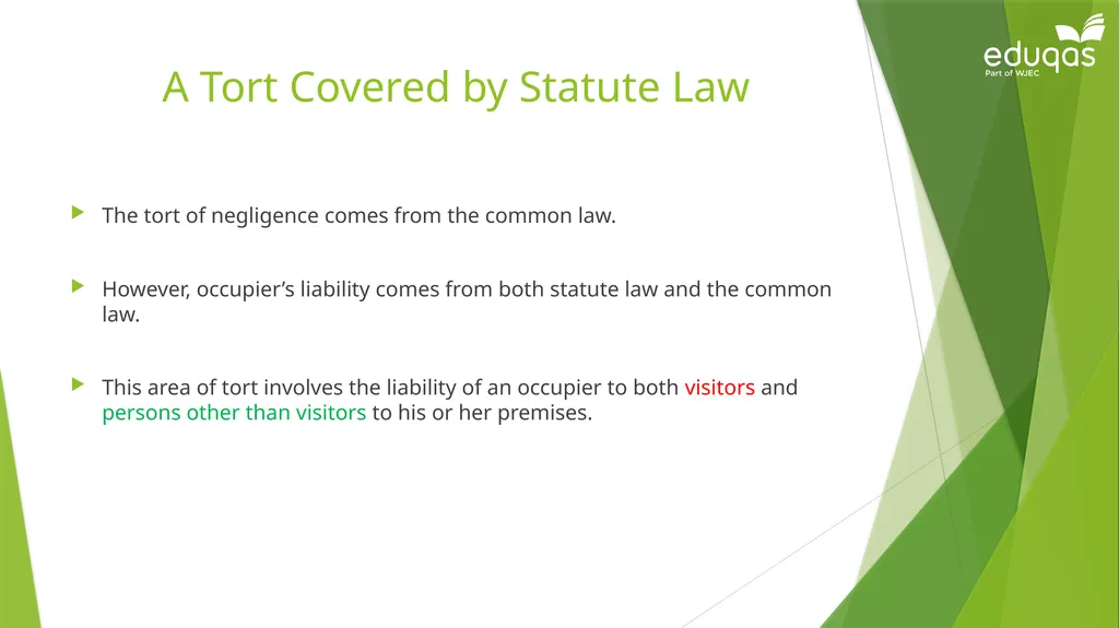 Occupiers’ liability Occupiers Liability Act 1957: - slide 3 of 15