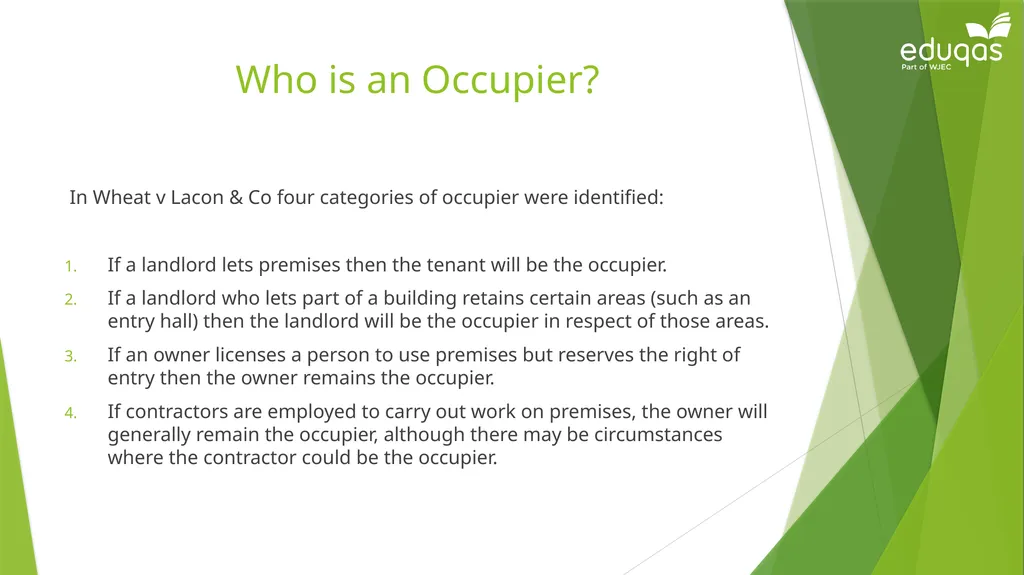 Occupiers’ liability Occupiers Liability Act 1957: - slide 7 of 15