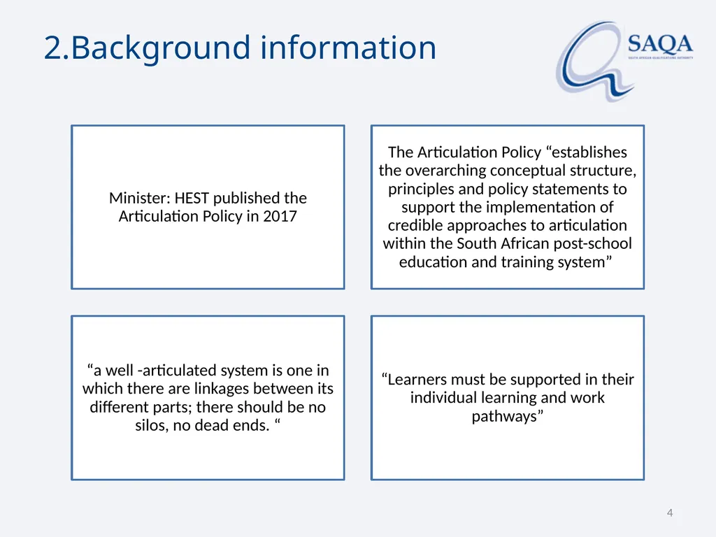 SAQA’s work in terms of Implementing the - slide 4 of 33