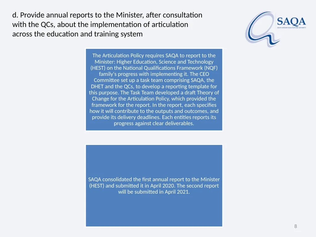SAQA’s work in terms of Implementing the - slide 8 of 33