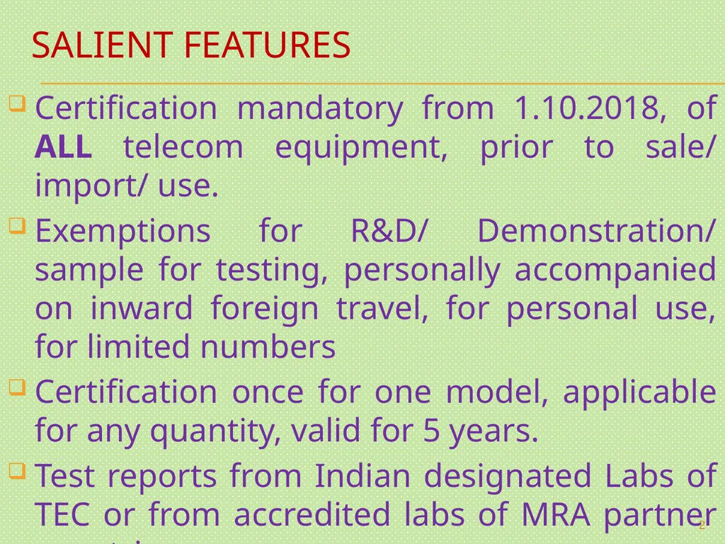 MANDATORY TESTING & CERTIFICATION OF TELECOM - slide 2 of 22