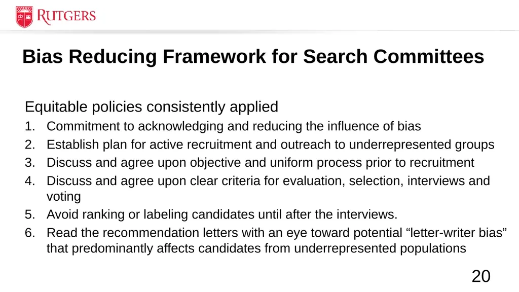 RBHS Faculty Search Committee Training Roadmap - slide 20 of 27