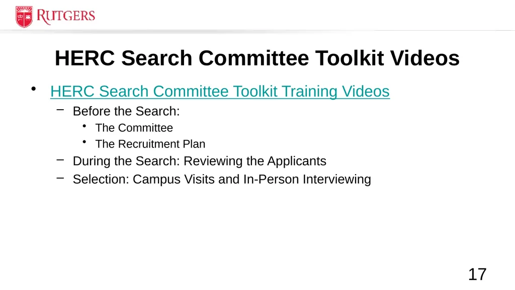 RBHS Faculty Search Committee Training Roadmap - slide 17 of 27
