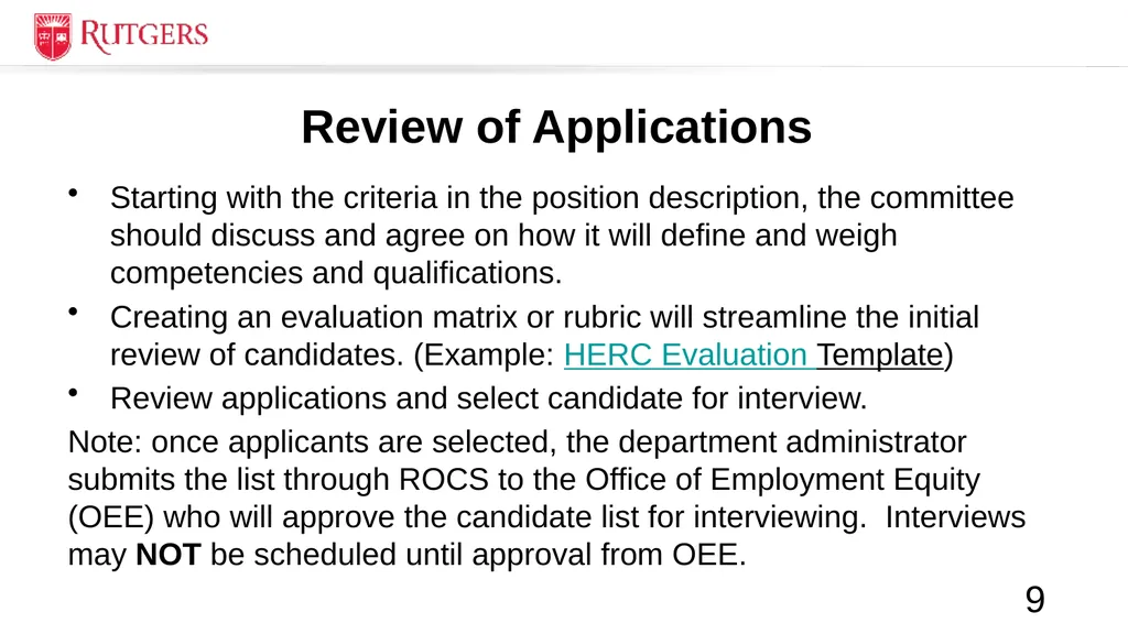 RBHS Faculty Search Committee Training Roadmap - slide 9 of 27