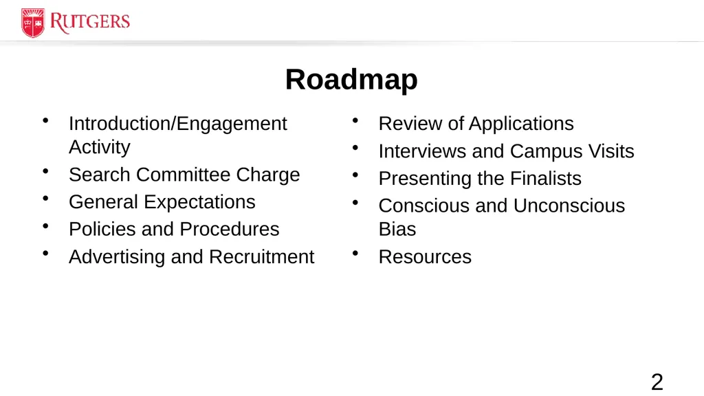 RBHS Faculty Search Committee Training Roadmap - slide 2 of 27