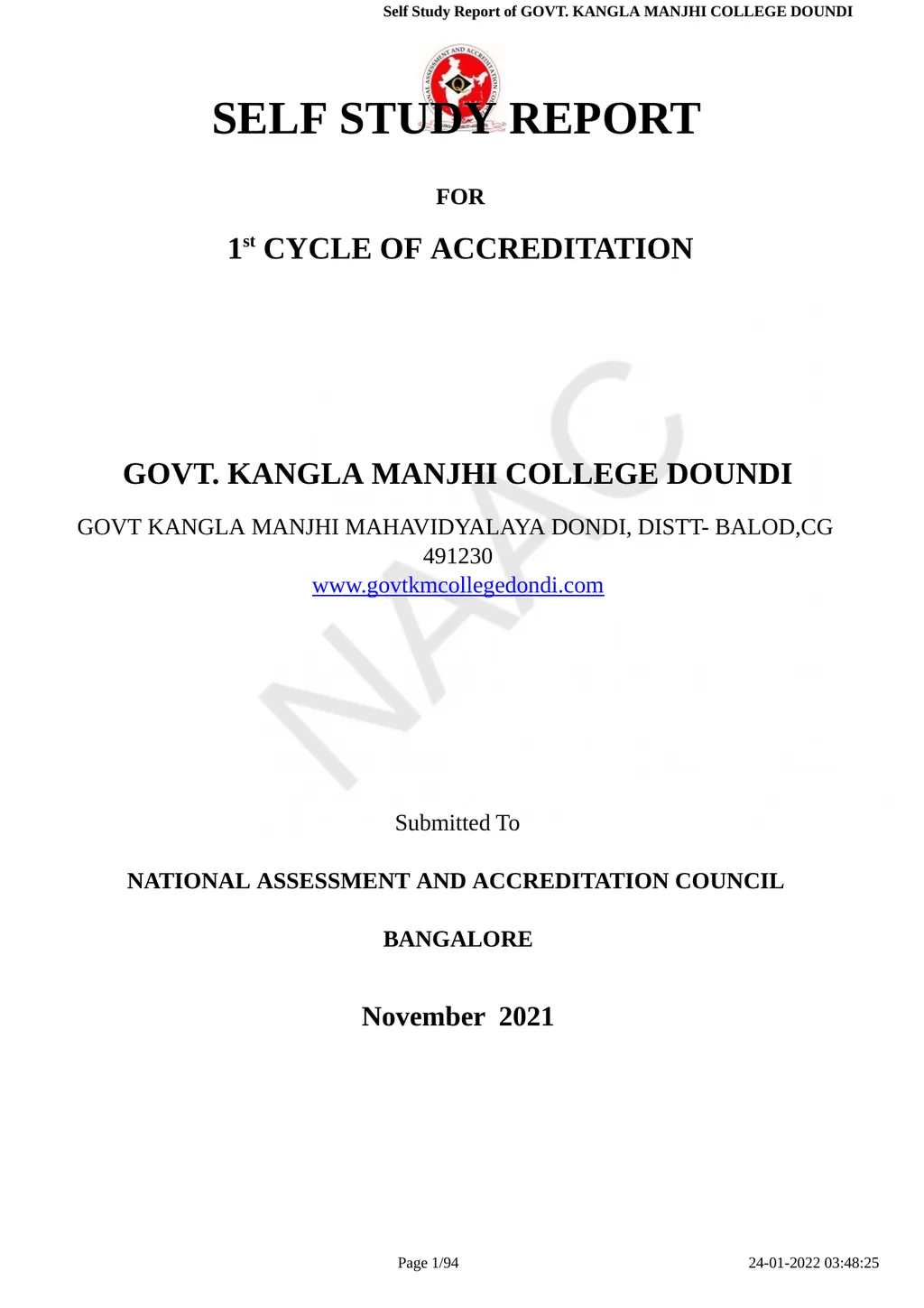 Self Study Report of GOVT. KANGLA MANJHI COLLEGE