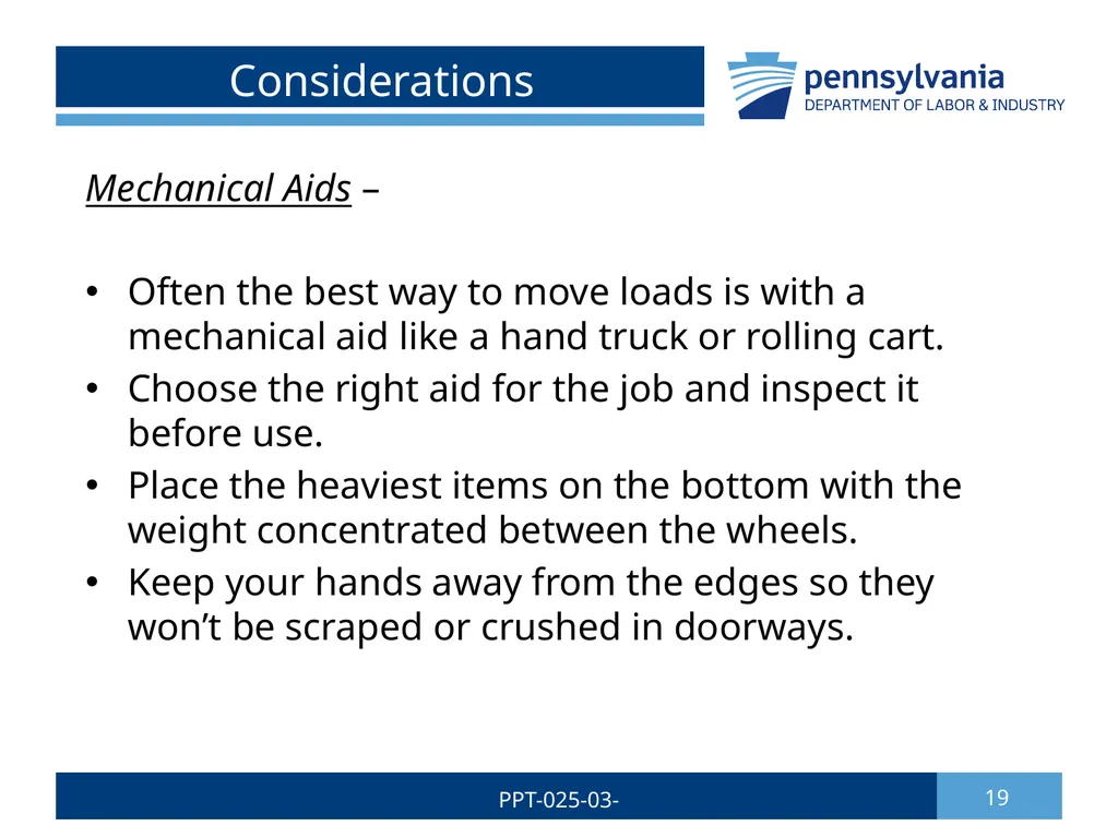 SAFE LIFTING/MATERIAL HANDLING 1 PPT-025-03 Bureau - slide 19 of 37