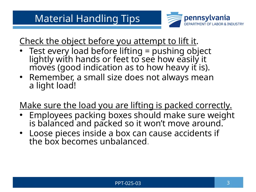 SAFE LIFTING/MATERIAL HANDLING 1 PPT-025-03 Bureau - slide 3 of 37