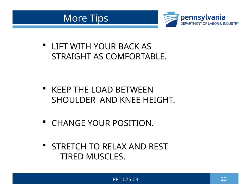 SAFE LIFTING/MATERIAL HANDLING 1 PPT-025-03 Bureau - slide 22 of 37