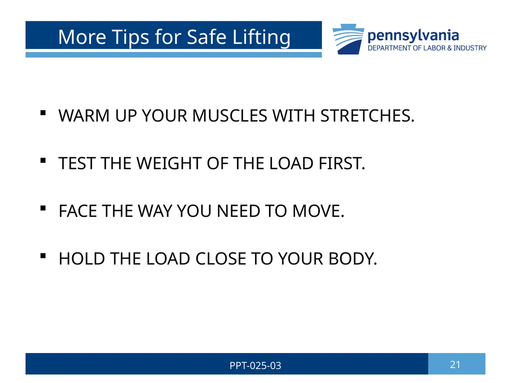 SAFE LIFTING/MATERIAL HANDLING 1 PPT-025-03 Bureau - slide 21 of 37