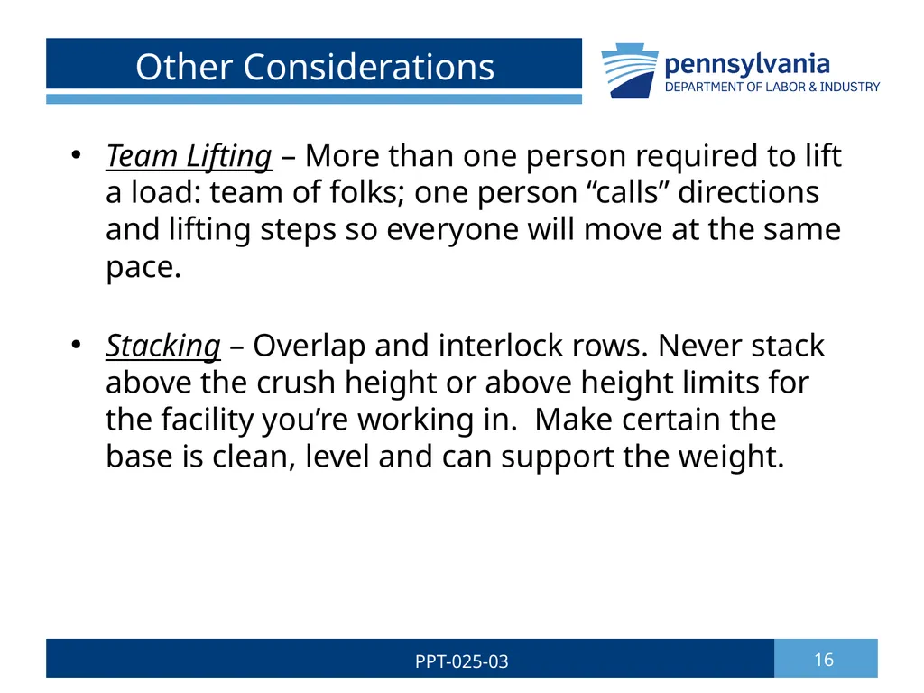 SAFE LIFTING/MATERIAL HANDLING 1 PPT-025-03 Bureau - slide 16 of 37