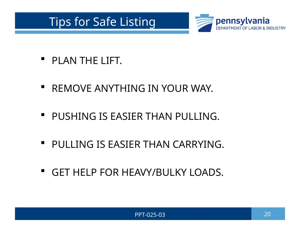 SAFE LIFTING/MATERIAL HANDLING 1 PPT-025-03 Bureau - slide 20 of 37